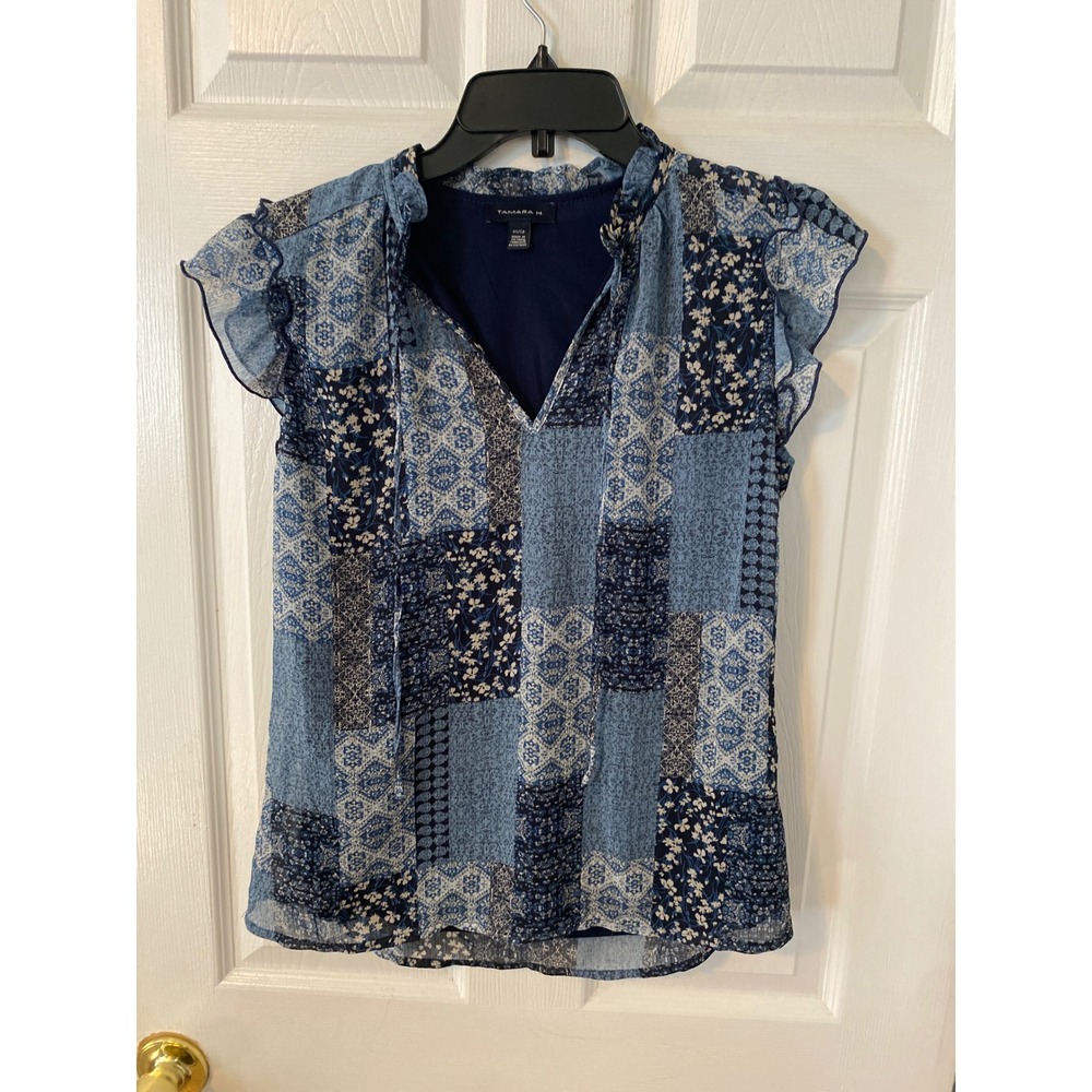 Tamara H. Womens Blue Patchwork Ruffle Cap Sleeve Blouse XS Split V-Neck Lined